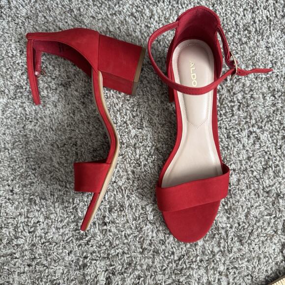 NEW ALDO Red Suede Block Heels Ankle Strap Open Toe Size 9 2.5” Heel - Picture 2 of 11